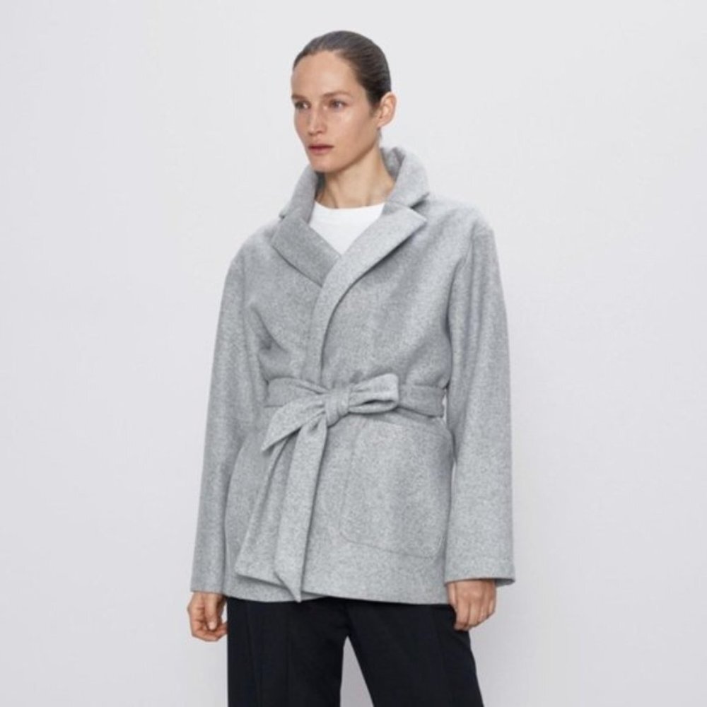 NEW Zara Gray Soft Open Front Belted Blazer Jacket Size XS